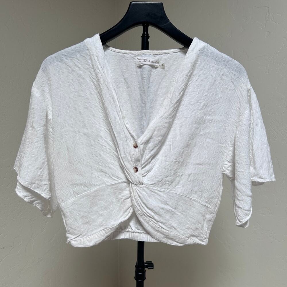Twist Front Crop Top White Linen Look Romantic Coastal Boho Flutter Sleeve S - Picture 5 of 10